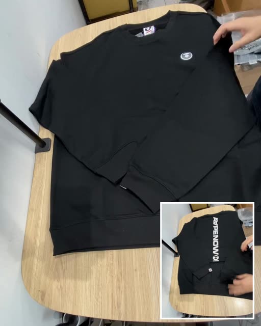 AAPE 猿人頭 26 刷毛 Logo 大學T 正面小 Logo 背面膠條字體 黑色 2XL